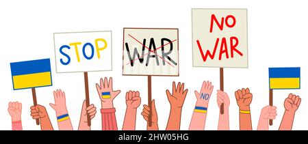 No war in Ukraine or anti-war protest crowd hands with placards vector, antiwar people hands demonstration for peace, strike protesters riots revoluti Stock Vector