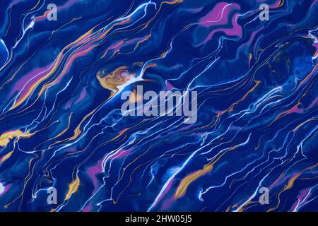 Abstract fluid art background navy blue and purple colors. Liquid marble. Acrylic painting on canvas with sapphire lines and gradient. Alcohol ink bac Stock Photo