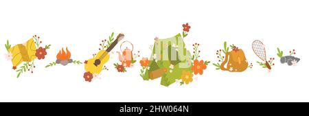 Vector set of travel camp. Bright childrens kit of hiking. Horizontal collection with tent, backpack with floral decoration. Summer active rest with f Stock Vector