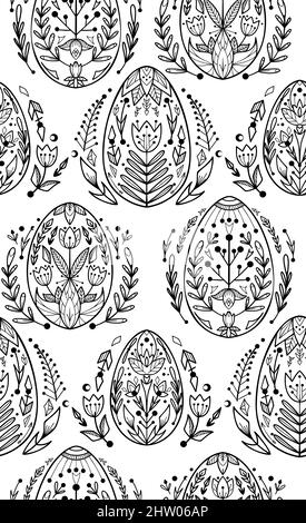 Vector seamless pattern with contour Easter eggs with a folk pattern and floral ornaments. Outline texture with festive treat with a folk decoration o Stock Vector