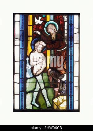 Art inspired by The Baptism of Christ, ca. 1390, Made in Lower Austria, Austrian, Pot-metal and colorless glass, vitreous paint and silver stain, 27 15/16 x 12 1/4 in. (71 x 31.1 cm), Glass-Stained, Seven scenes from the private chapel of the Ebreichsdorf castle are installed in the, Classic works modernized by Artotop with a splash of modernity. Shapes, color and value, eye-catching visual impact on art. Emotions through freedom of artworks in a contemporary way. A timeless message pursuing a wildly creative new direction. Artists turning to the digital medium and creating the Artotop NFT Stock Photo