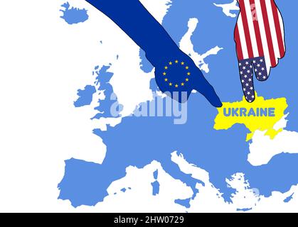 eu usa hand shape flags pointing on ukraine war politics concept Stock Photo