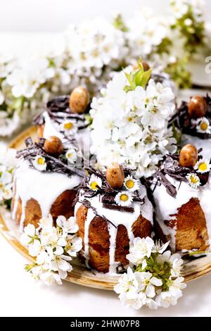 Homemade traditionla Easter cake with chocolate nests and eggs on ceramic plate and blossoming cherry tree over white background. Traditional ortodox Stock Photo