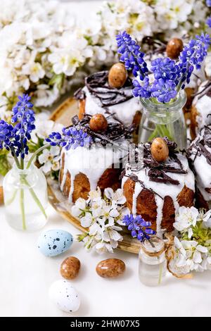 Homemade traditionla Easter kulich cake with chocolate nests and eggs, blossoming cherry branches muscari flowers. White marble background. Traditiona Stock Photo