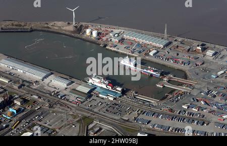 aerial view of the Heysham Harbour and the Isle of Man Steam Packet passenger terminal, Heysham, Lancashire Stock Photo