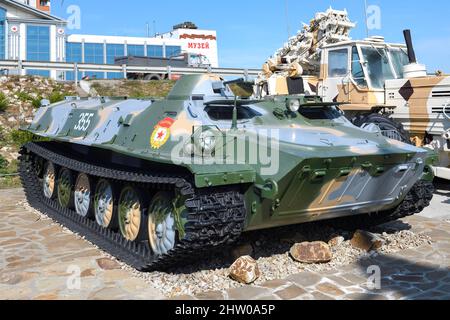 KAMENSK-SHAKHTINSKY, RUSSIA - OCTOBER 04, 2021: MT-LB - soviet multi-purpose amphibious armored personnel carrier on display in Patriot Park Stock Photo