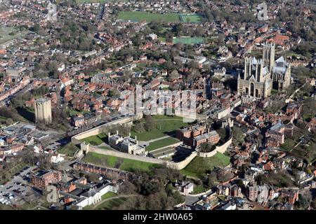 aerial view of Lincoln Castle, Crown Court and Lincoln Cathedral, Lincolnshire Stock Photo