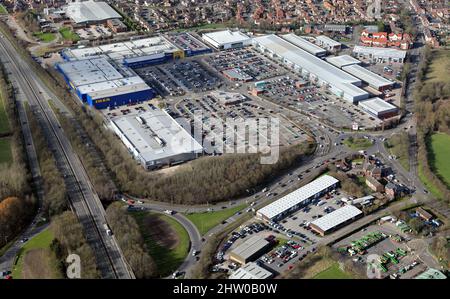 aerial view of the Shopping Park at Giltbrook in Nottingham (on the A610 road), Nottinghamshire, UK Stock Photo