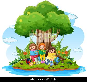 Children reading books in island illustration Stock Vector