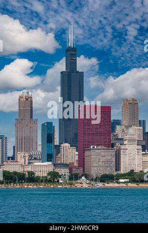 Chicago, Illinois. Willis Tower (formerly Sears Tower) Surrounded by a Variety of Architectural Styles, from Lake Michigan. Stock Photo