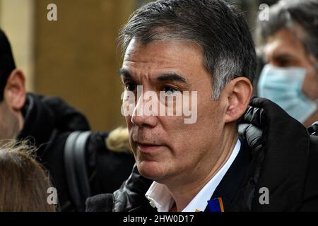 Marseille, France. 02nd Mar, 2022. Olivier Faure, the first secretary of the Socialist Party (PS) who supports Anne Hidalgo, candidate for the 2022 presidential election is seen leaving the town hall of Marseille after his visit. (Photo by Gerard Bottino/SOPA Images/Sipa USA) Credit: Sipa USA/Alamy Live News Stock Photo