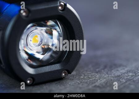 Led black lantern close-up on gray textured background, free space Stock Photo