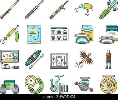 Fishing set of accessories. For spinning fishing with crankbait lures and  twisters and soft plastic bait fishing float. Knife flashlight and bucket.  V Stock Vector Image & Art - Alamy