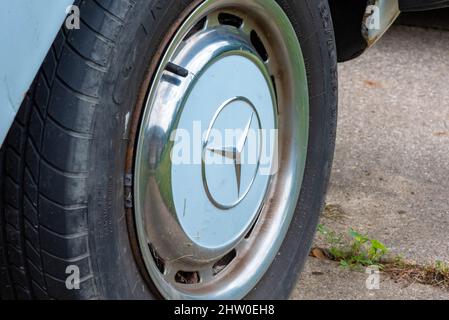 POTTERVILLE, MI - JUNE 23rd 2021: The front tire of a classic 1970 German car. Stock Photo