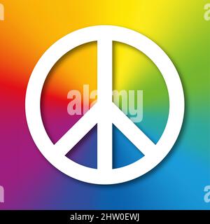 White peace symbol with shadow, on a rainbow colored background. Originally designed for the nuclear disarmament movement, now known as the peace sign. Stock Photo