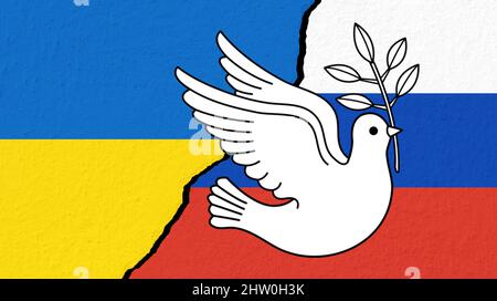 Peace Dove concept for war between Russia and Ukraine with national flag background Stock Photo