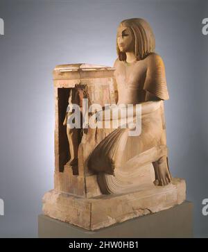 Art inspired by Kneeling Statue of Yuny, New Kingdom, Ramesside, Dynasty 19, ca. 1294–1279 B.C., From Egypt, Middle Egypt, Asyut (Lykopolis), Tomb of Amenhotep, Necropolis Cliff tomb, Medjdeni, Khashaba excavations, 1913, Limestone, paint, H. 129 cm (50 13/16 in); w. 54.9 cm (21 5/8 in, Classic works modernized by Artotop with a splash of modernity. Shapes, color and value, eye-catching visual impact on art. Emotions through freedom of artworks in a contemporary way. A timeless message pursuing a wildly creative new direction. Artists turning to the digital medium and creating the Artotop NFT Stock Photo