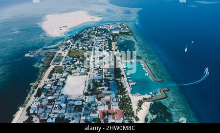 Aerial View to the Maafushi (Kaafu Atoll) Paradise Island with Blue ...