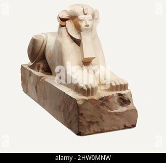 Art inspired by Sphinx of Hatshepsut, New Kingdom, Dynasty 18, ca. 1479–1458 B.C., From Egypt, Upper Egypt, Thebes, Deir el-Bahri, Senenmut Quarry, 1926–28, Limestone, plaster, L. 106.7 cm (42 in.); W. 33 cm (13 in.); H. overall 63.5 cm (25 in); H. of base 18 cm (7 1/16 in.), The, Classic works modernized by Artotop with a splash of modernity. Shapes, color and value, eye-catching visual impact on art. Emotions through freedom of artworks in a contemporary way. A timeless message pursuing a wildly creative new direction. Artists turning to the digital medium and creating the Artotop NFT Stock Photo