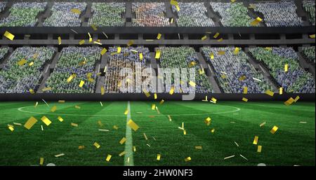 Image of gold confetti falling over sports stadium Stock Photo