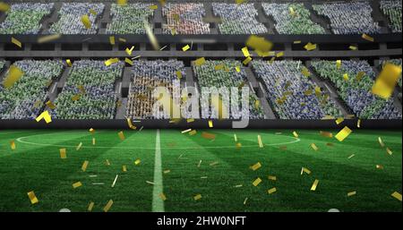 Image of gold confetti falling over sports stadium Stock Photo