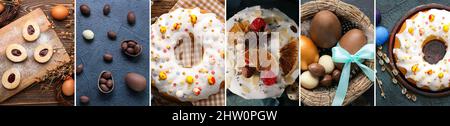 Collage with tasty Easter cakes, chocolate eggs and cookies Stock Photo