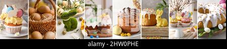 Collage with tasty Easter cakes, cupcakes and eggs with bunnies Stock Photo