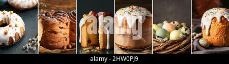 Collage with tasty Easter cakes and eggs Stock Photo