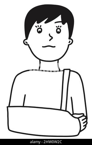 Sad Boy With Broken Arm in Plaster Cast. Child with bandaged doodle Vector Illustration Stock Vector