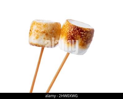 Grilled marshmallows on sticks isolated on white Stock Photo