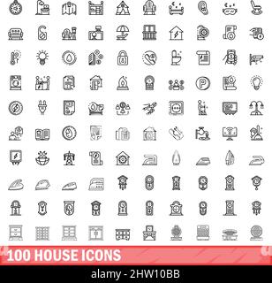 100 house icons set. Outline illustration of 100 house icons vector set isolated on white background Stock Vector