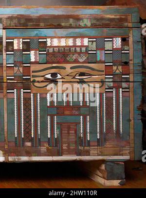 Art inspired by Coffin of Ameny, Middle Kingdom, Dynasty 12, ca. 1981–1802 B.C., From Egypt, Middle Egypt, Meir, Khashaba excavations, 1910–11, wood, paint, L. 2.9 m (114 3/16 in); w. 52 cm (20 1/2 in); h. 62.5 cm (24 5/8 in), The owner of this coffin Ameny is simply designated as the, Classic works modernized by Artotop with a splash of modernity. Shapes, color and value, eye-catching visual impact on art. Emotions through freedom of artworks in a contemporary way. A timeless message pursuing a wildly creative new direction. Artists turning to the digital medium and creating the Artotop NFT Stock Photo