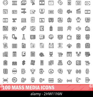 100 mass media icons set. Outline illustration of 100 mass media icons vector set isolated on white background Stock Vector