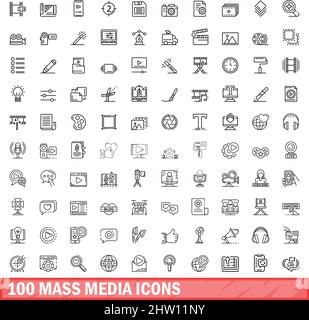 100 mass media icons set. Outline illustration of 100 mass media icons vector set isolated on white background Stock Vector