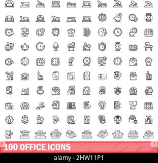 100 office icons set. Outline illustration of 100 office icons vector set isolated on white background Stock Vector