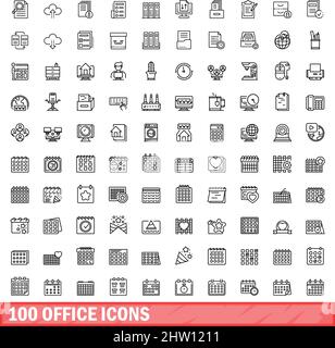 100 office icons set. Outline illustration of 100 office icons vector set isolated on white background Stock Vector