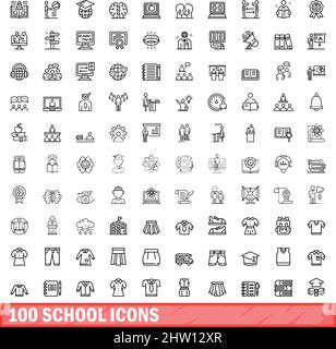 100 school icons set. Outline illustration of 100 school icons vector set isolated on white background Stock Vector