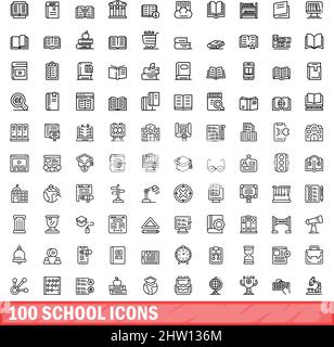 100 school icons set. Outline illustration of 100 school icons vector set isolated on white background Stock Vector