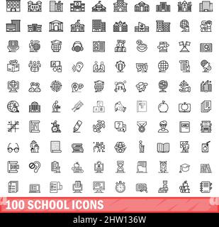 100 school icons set. Outline illustration of 100 school icons vector set isolated on white background Stock Vector