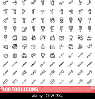 100 tool icons set. Outline illustration of 100 tool icons vector set isolated on white background Stock Vector