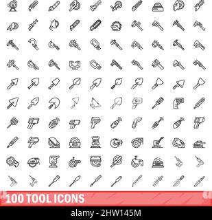 100 tool icons set. Outline illustration of 100 tool icons vector set isolated on white background Stock Vector