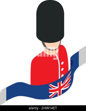 Royal guard icon isometric vector. British soldier in red uniform and uk flag. Honor guard, tradition, culture, history Stock Vector
