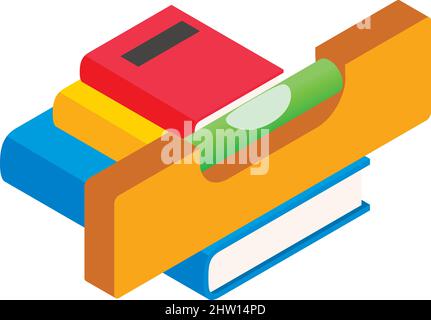 Repair education icon isometric vector. Yellow building level on stack of book. Learning, studying, construction industry education Stock Vector