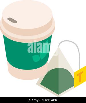 Green tea icon isometric vector. Disposable cup and transparent green tea bag. Popular drink, tradition, culture Stock Vector