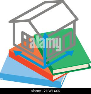 Architectural education icon isometric vector. House projection on stack of book. Three dimensional projection of house, engineering, construction, design Stock Vector