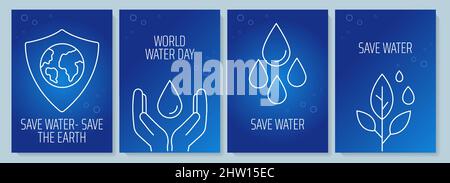 Water postcards with linear glyph icon set Stock Vector