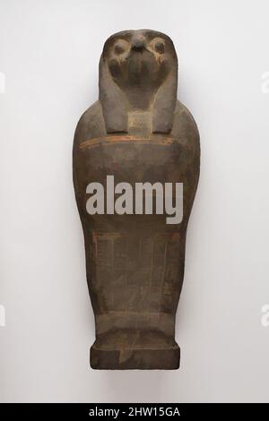 Art inspired by Coffin and corn mummy with Osiris mask, Late Period–Ptolemaic Period, 400–200 BC, From Egypt, coffin: wood, paint, L. 49.2 cm (19 3/8 in.); W. 19.9 cm (7 13/16 in.), These falcon-headed coffins do not contain actual mummies but symbolic Osiris mummies stuffed with grain, Classic works modernized by Artotop with a splash of modernity. Shapes, color and value, eye-catching visual impact on art. Emotions through freedom of artworks in a contemporary way. A timeless message pursuing a wildly creative new direction. Artists turning to the digital medium and creating the Artotop NFT Stock Photo