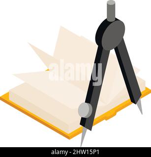 Draftsman education icon isometric vector. Open paper book and drawing compass. Engineering, construction, drawing, design Stock Vector