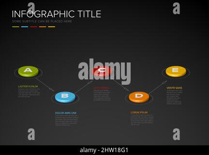Vector dark multipurpose Infographic template made from five color buttons chart with letters, arrows,  descriptions and legend - dark gray background Stock Vector