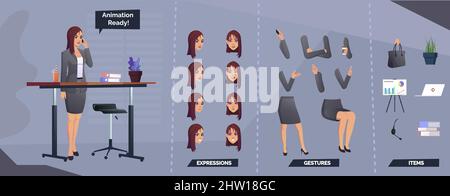 Character Set For Animation with Emotions And Poses Woman Wearing Gray Suit Premium Vector Stock Vector